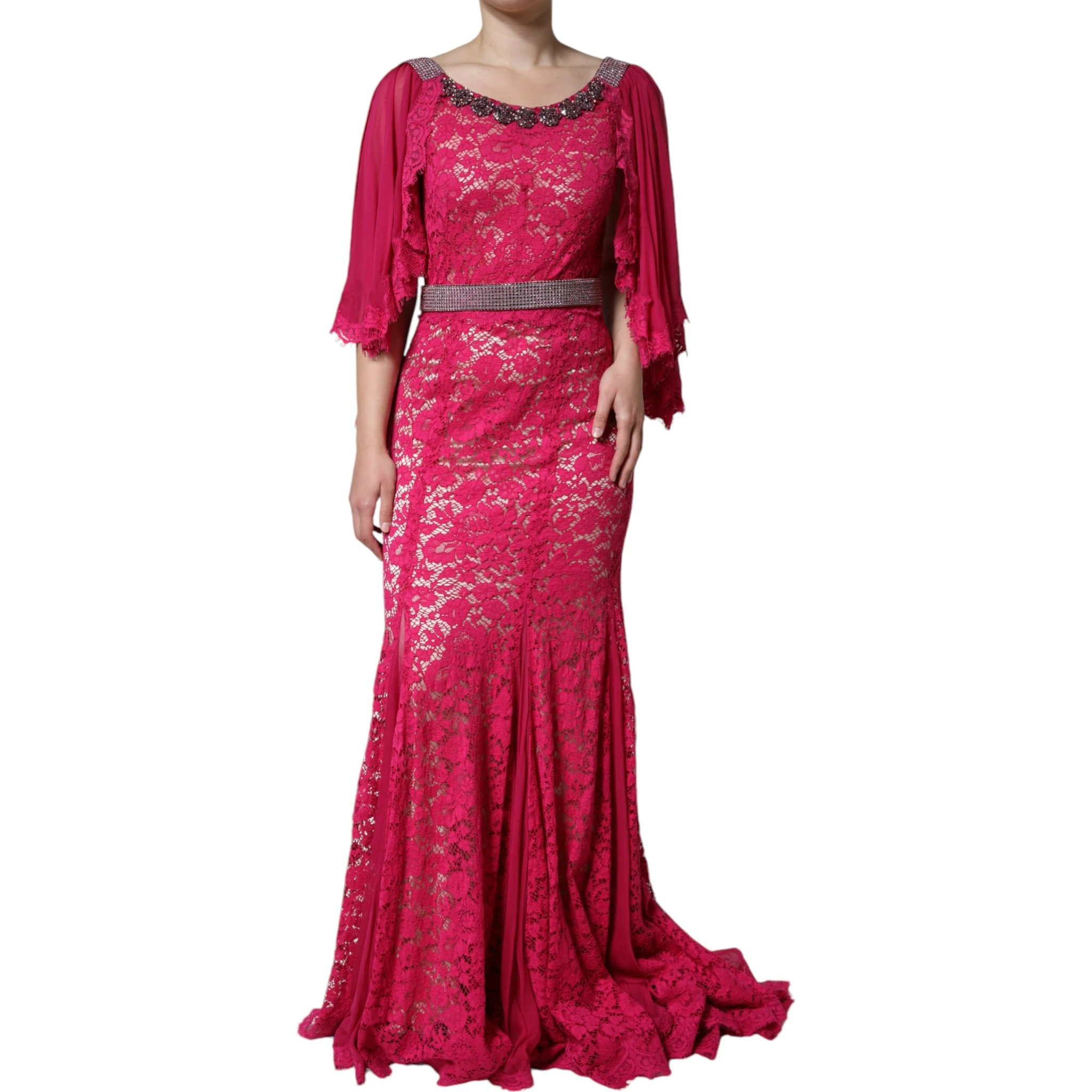 Pink Lace Crystal Sheath Long Gown Dress