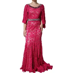 Pink Lace Crystal Sheath Long Gown Dress