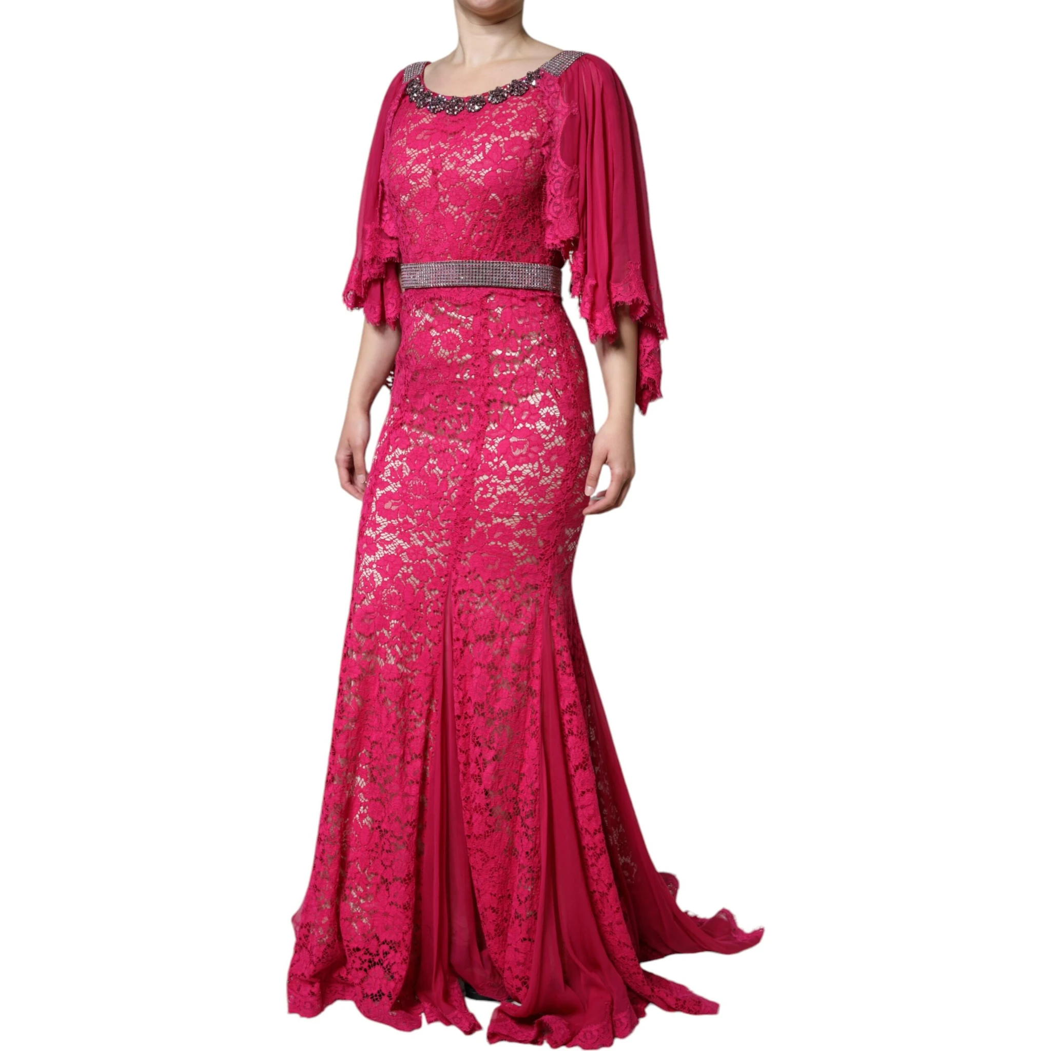 Pink Lace Crystal Sheath Long Gown Dress