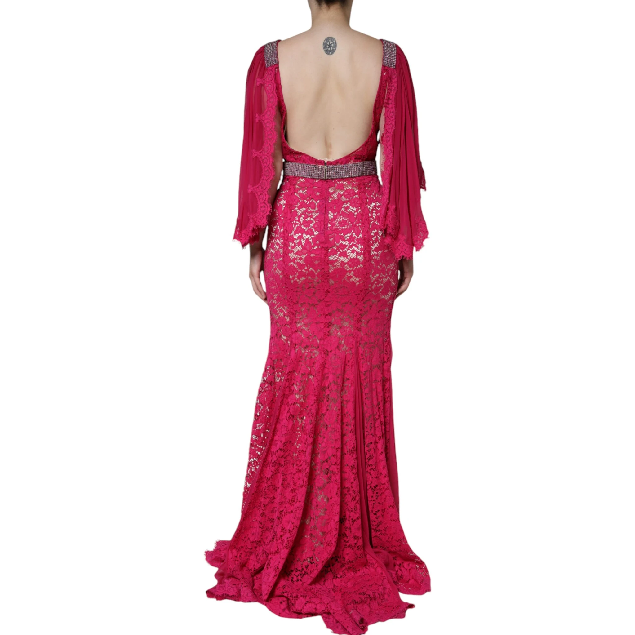 Pink Lace Crystal Sheath Long Gown Dress