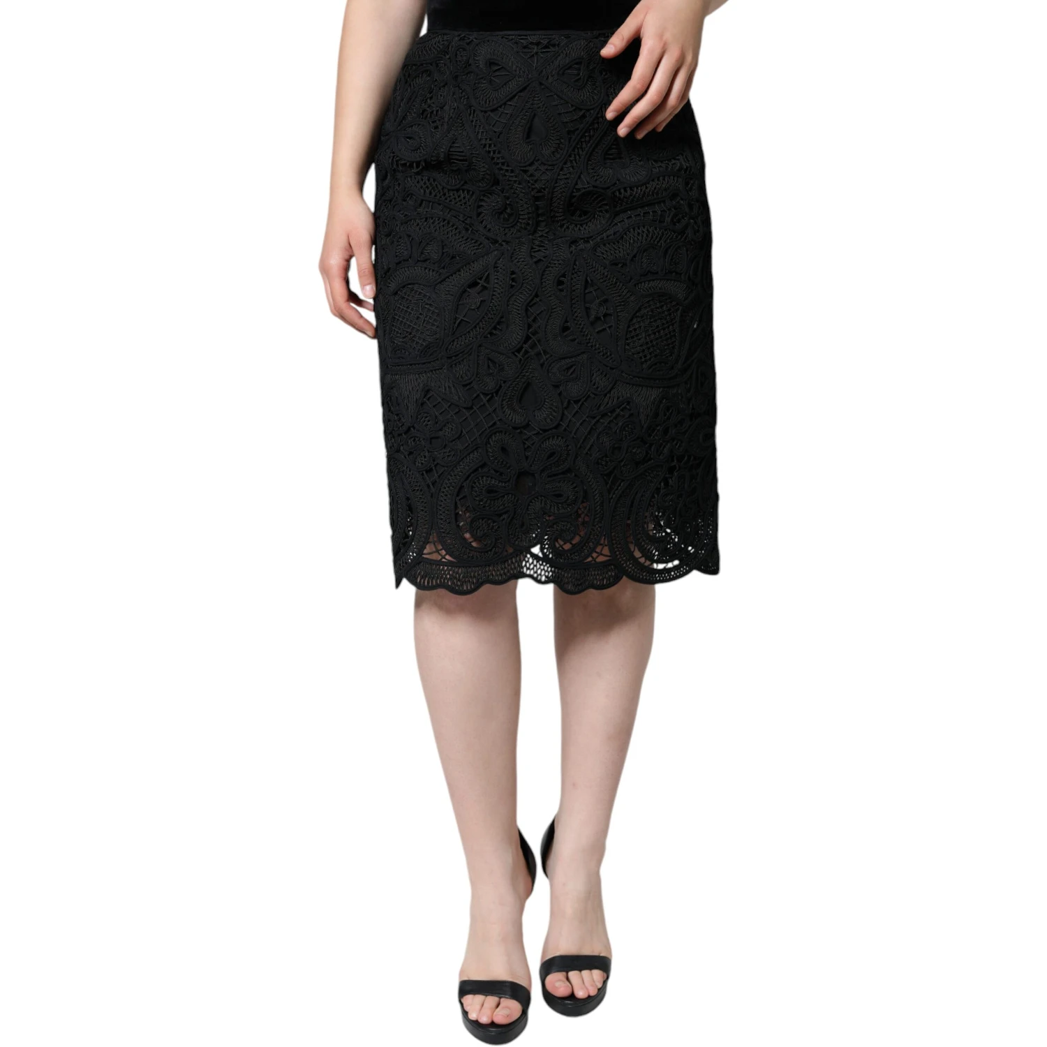 Black Floral Lace HighWaist Pencil Cut Skirt