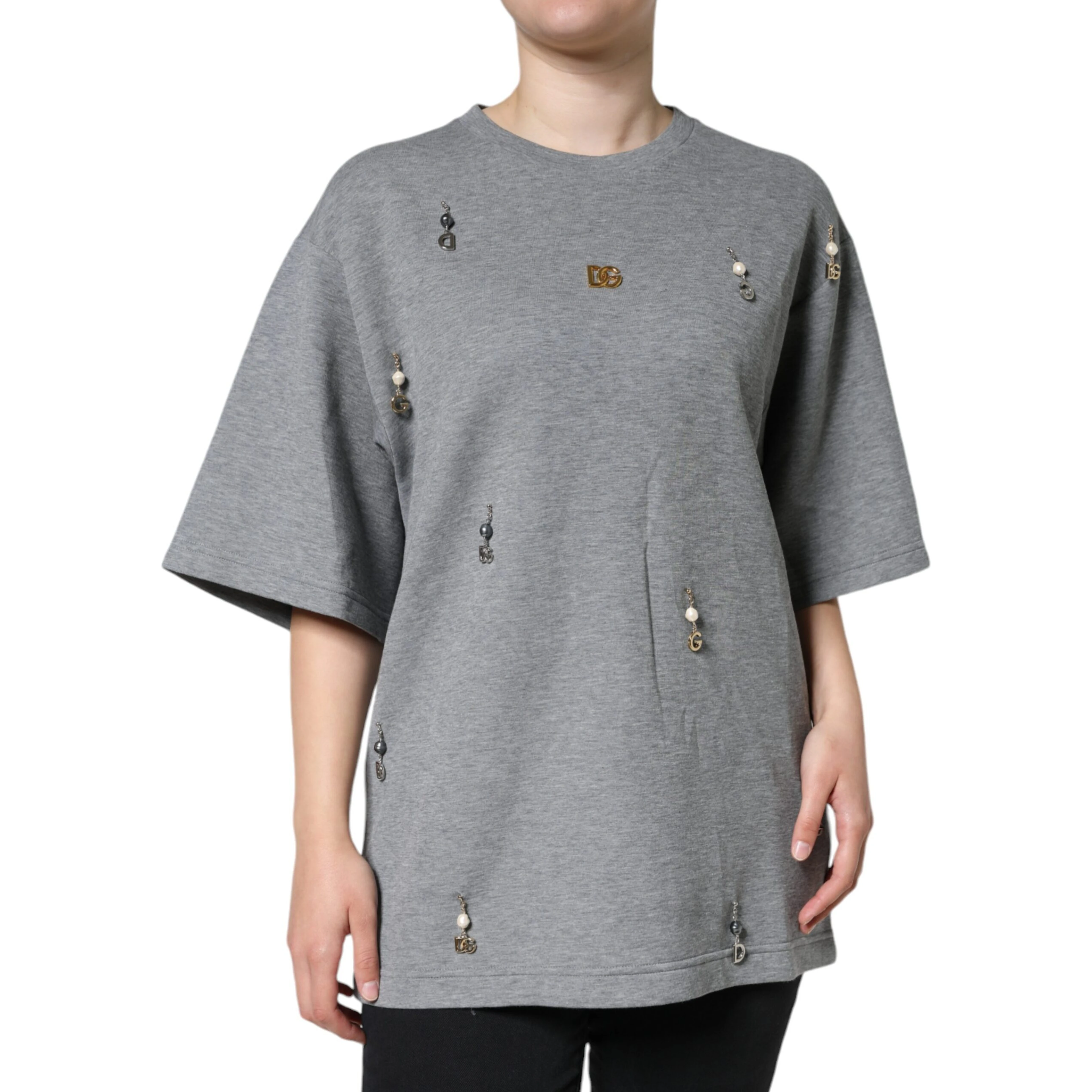 Gray Cotton Blend Embellished Tee T-shirt
