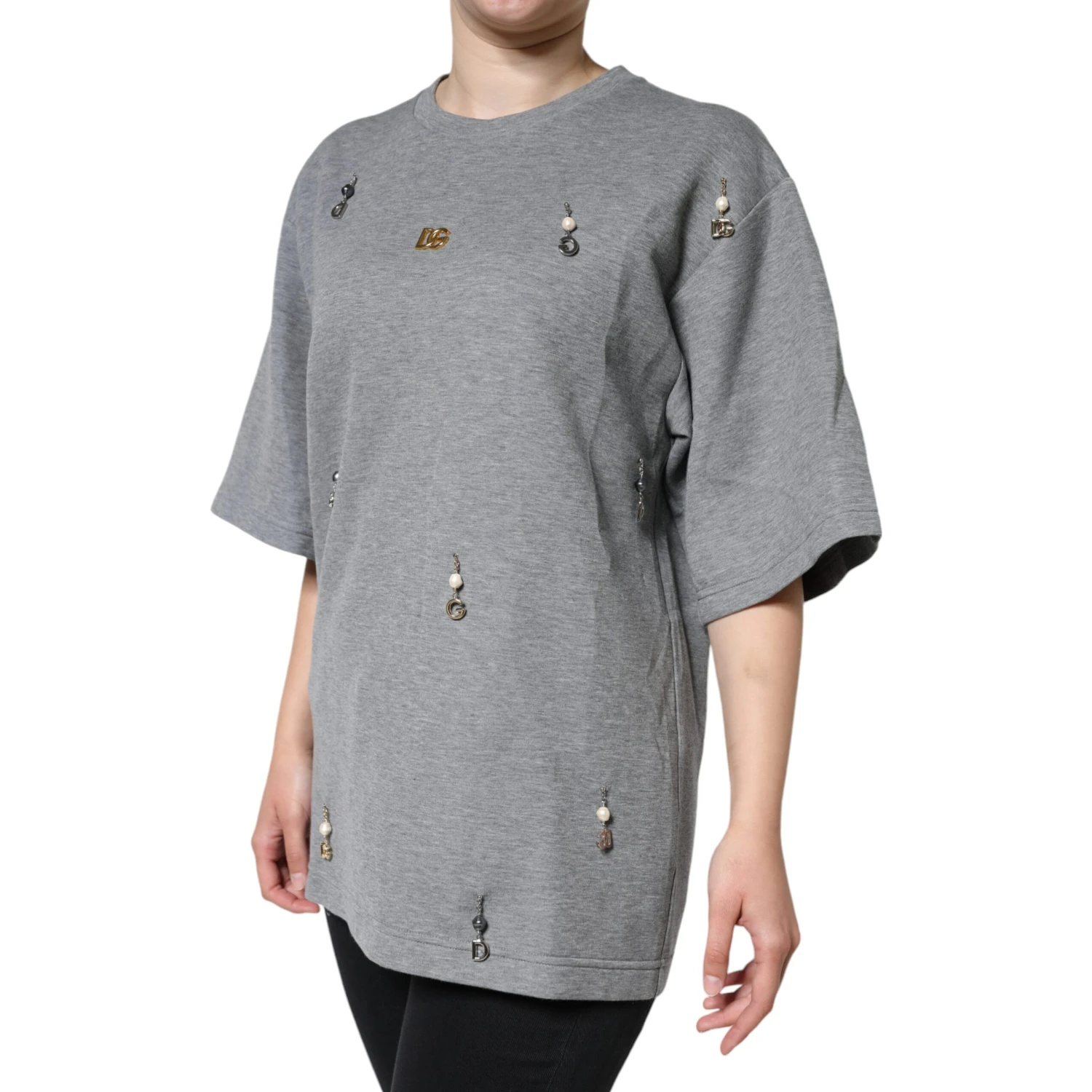 Gray Cotton Blend Embellished Tee T-shirt