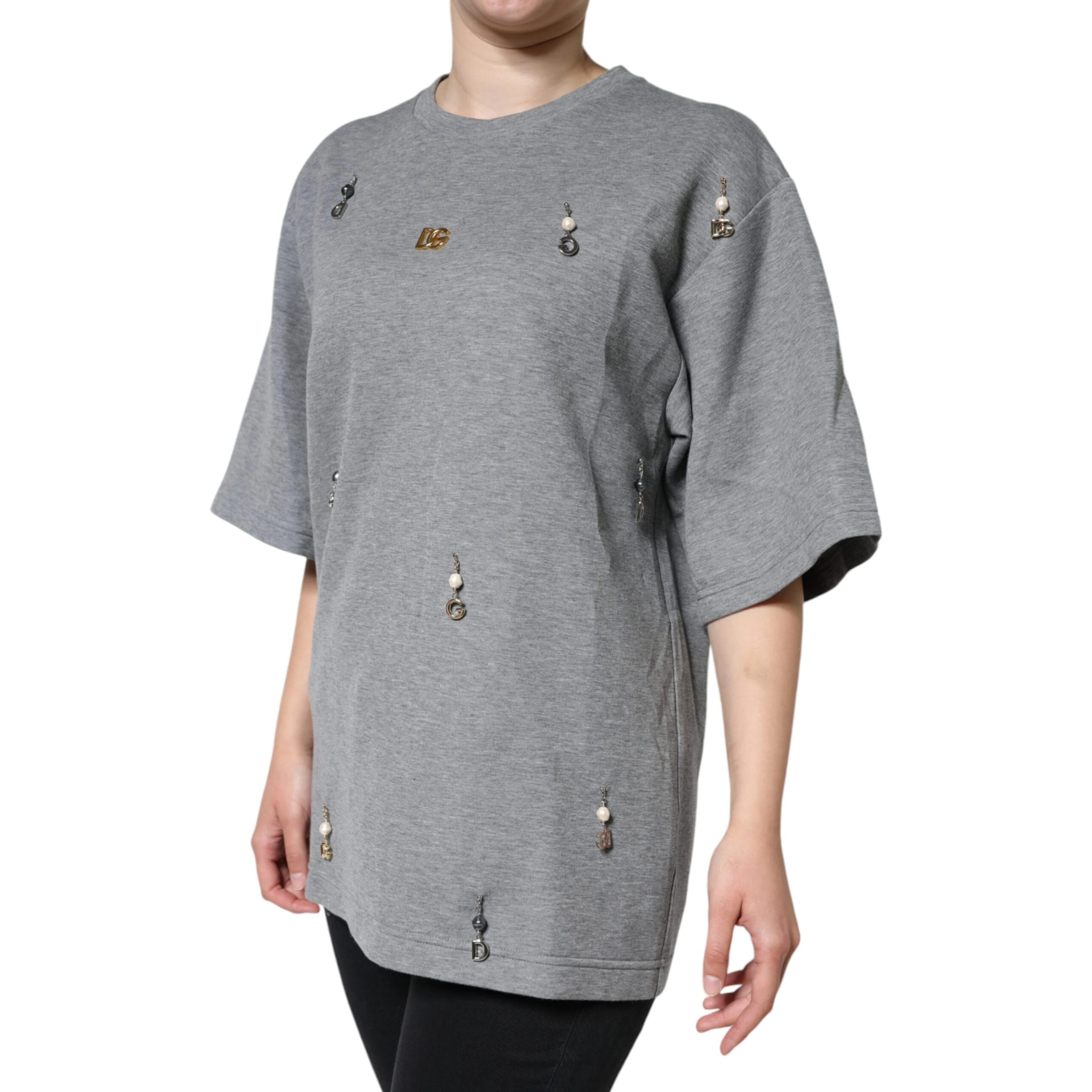 Gray Cotton Blend Embellished Tee T-shirt
