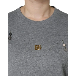 Gray Cotton Blend Embellished Tee T-shirt