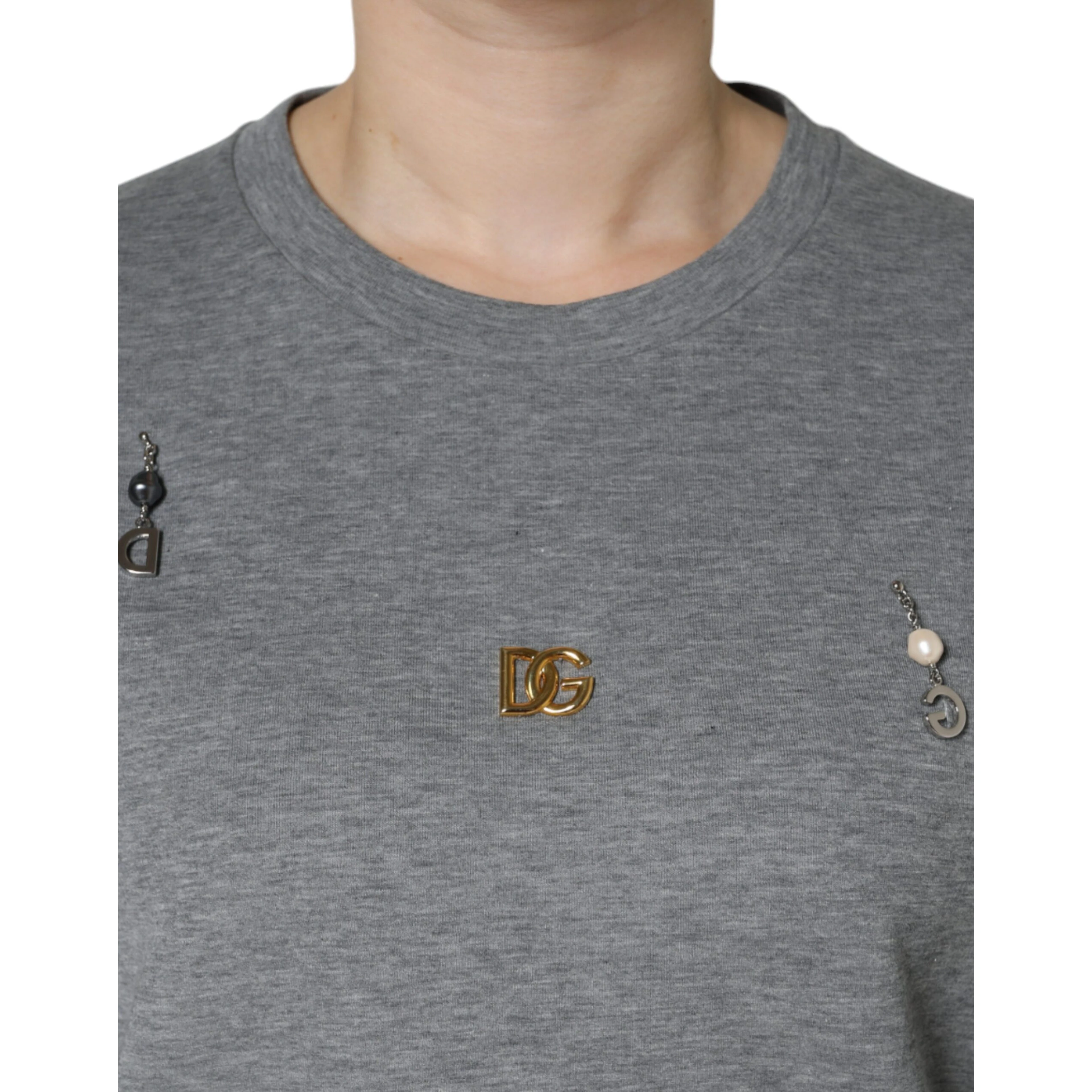 Gray Cotton Blend Embellished Tee T-shirt