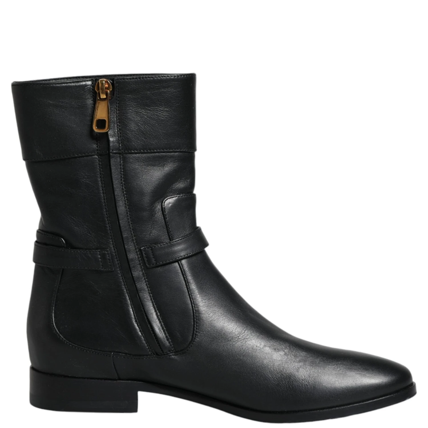 Black Leather Logo Mid Calf Boots Shoes