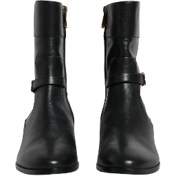 Black Leather Logo Mid Calf Boots Shoes
