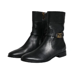 Black Leather Logo Mid Calf Boots Shoes