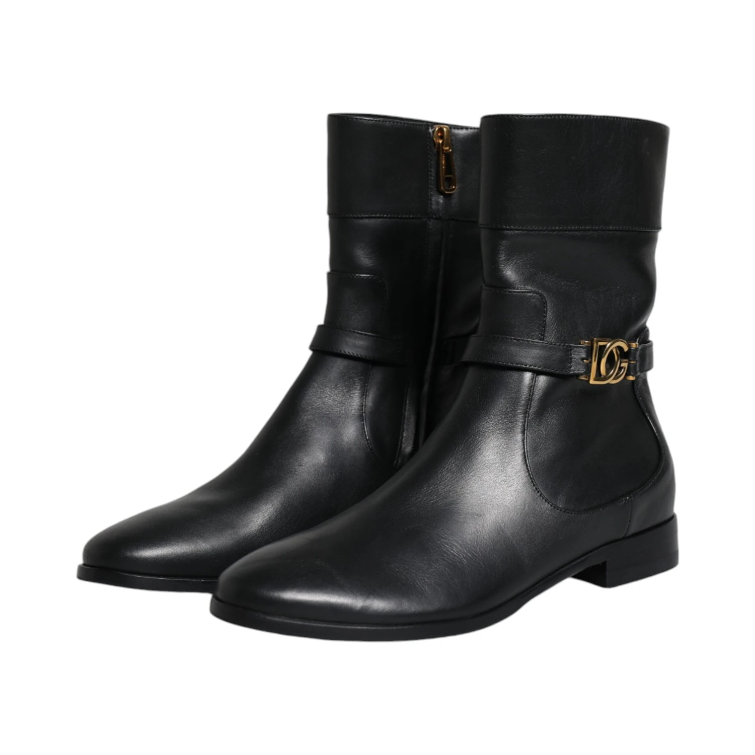 Black Leather Logo Mid Calf Boots Shoes