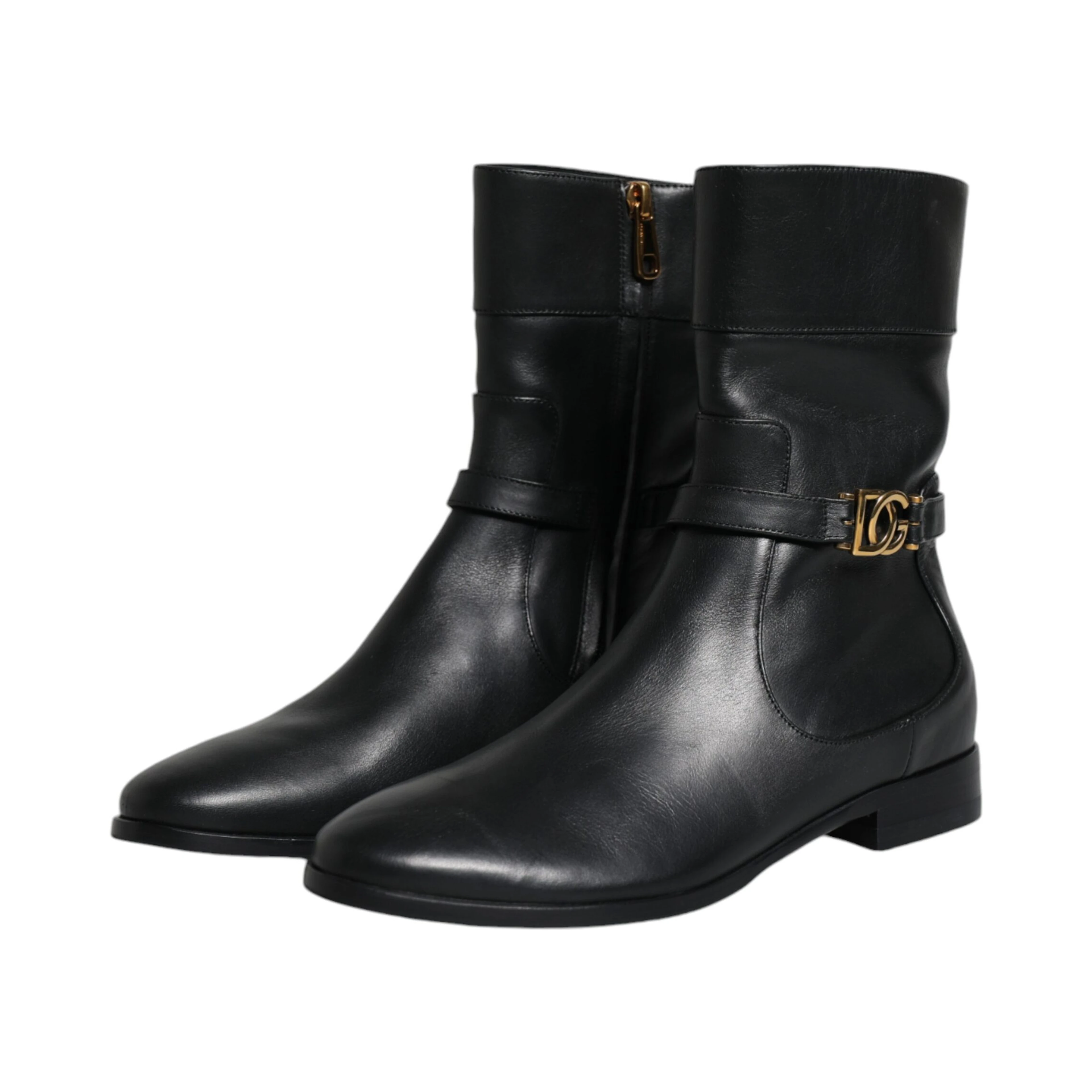 Black Leather Logo Mid Calf Boots Shoes