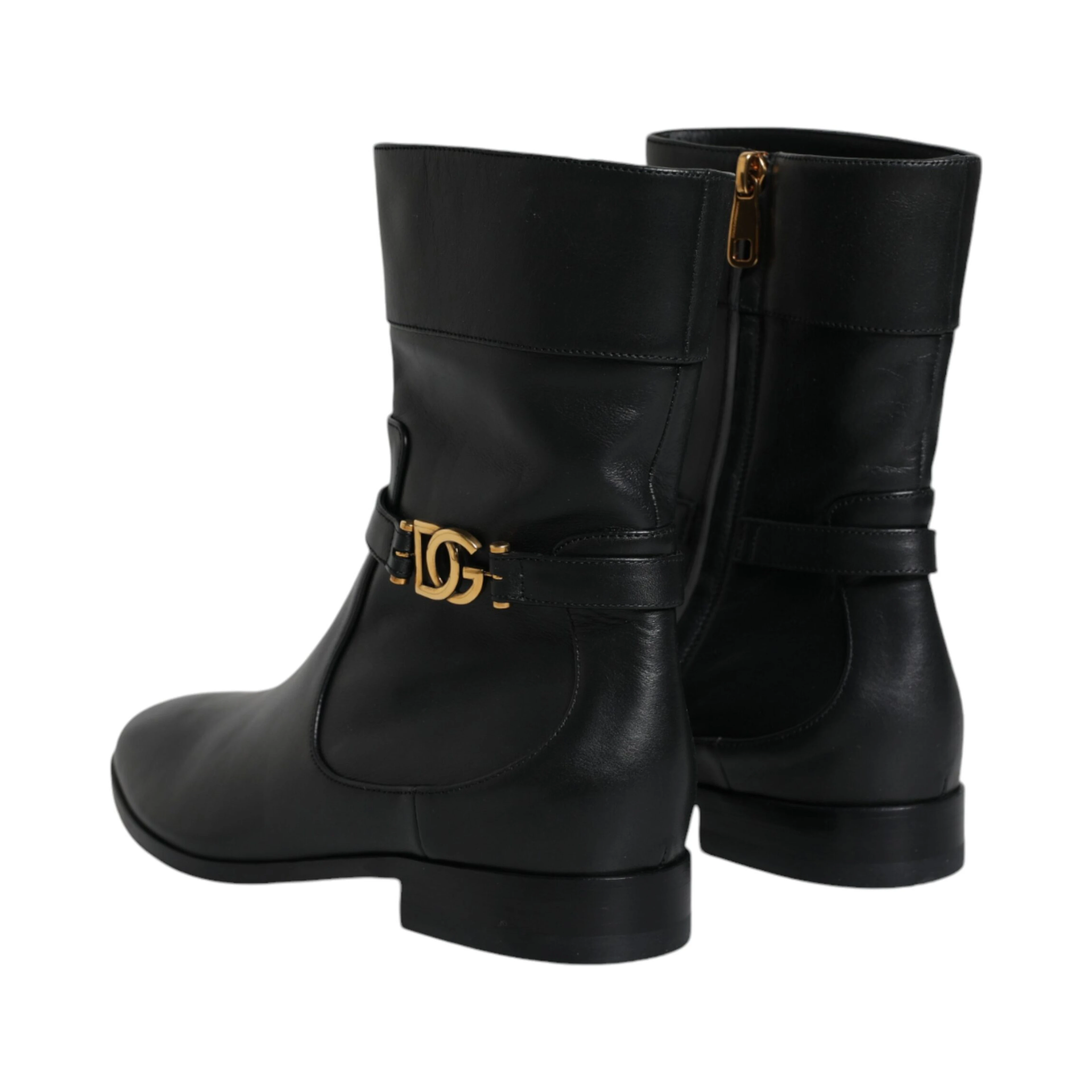 Black Leather Logo Mid Calf Boots Shoes