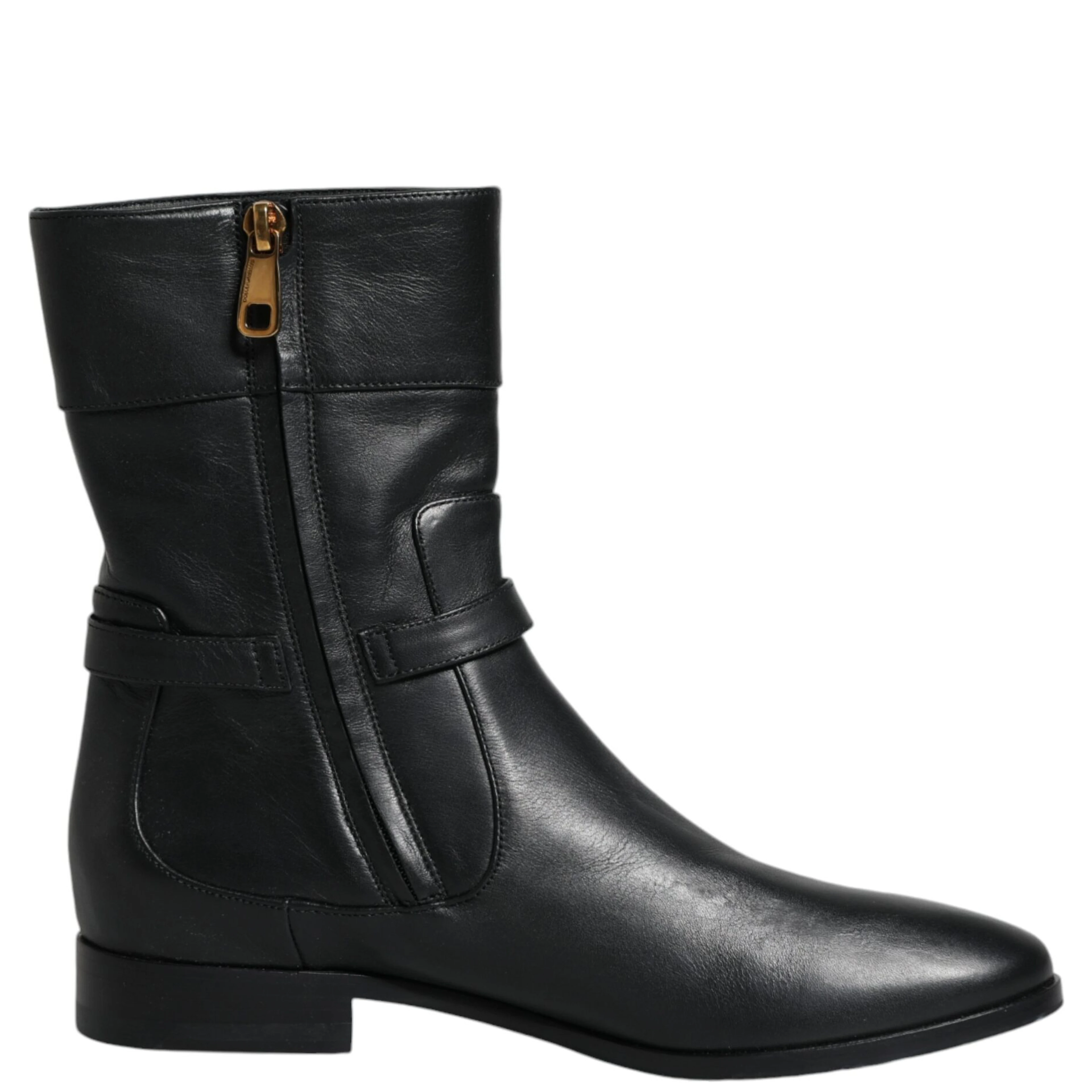 Black Leather Logo Mid Calf Boots Shoes