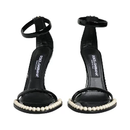 Black Keira Leather Faux Pearl Sandals Heels Shoes