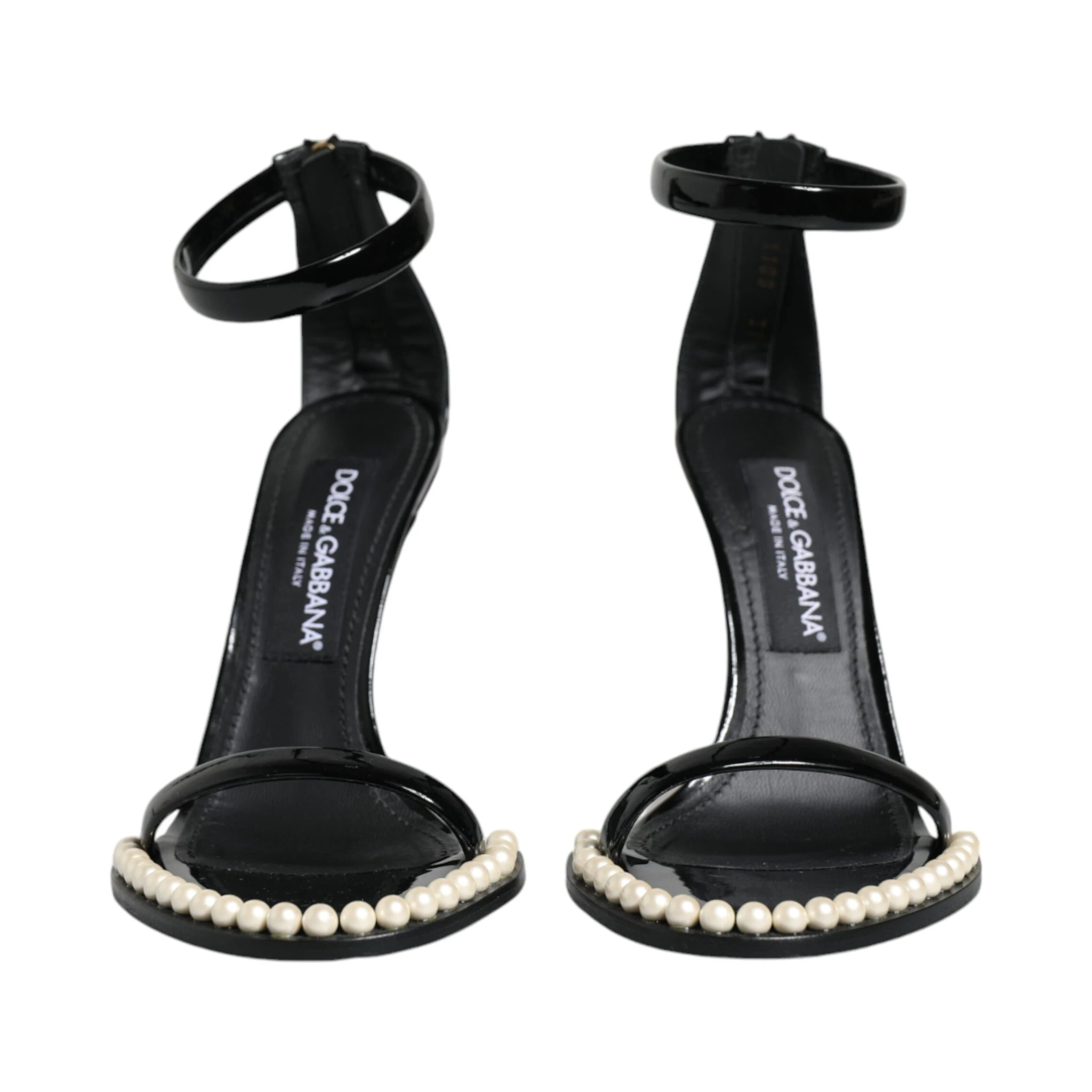 Black Keira Leather Faux Pearl Sandals Heels Shoes