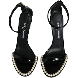 Black Keira Leather Faux Pearl Sandals Heels Shoes