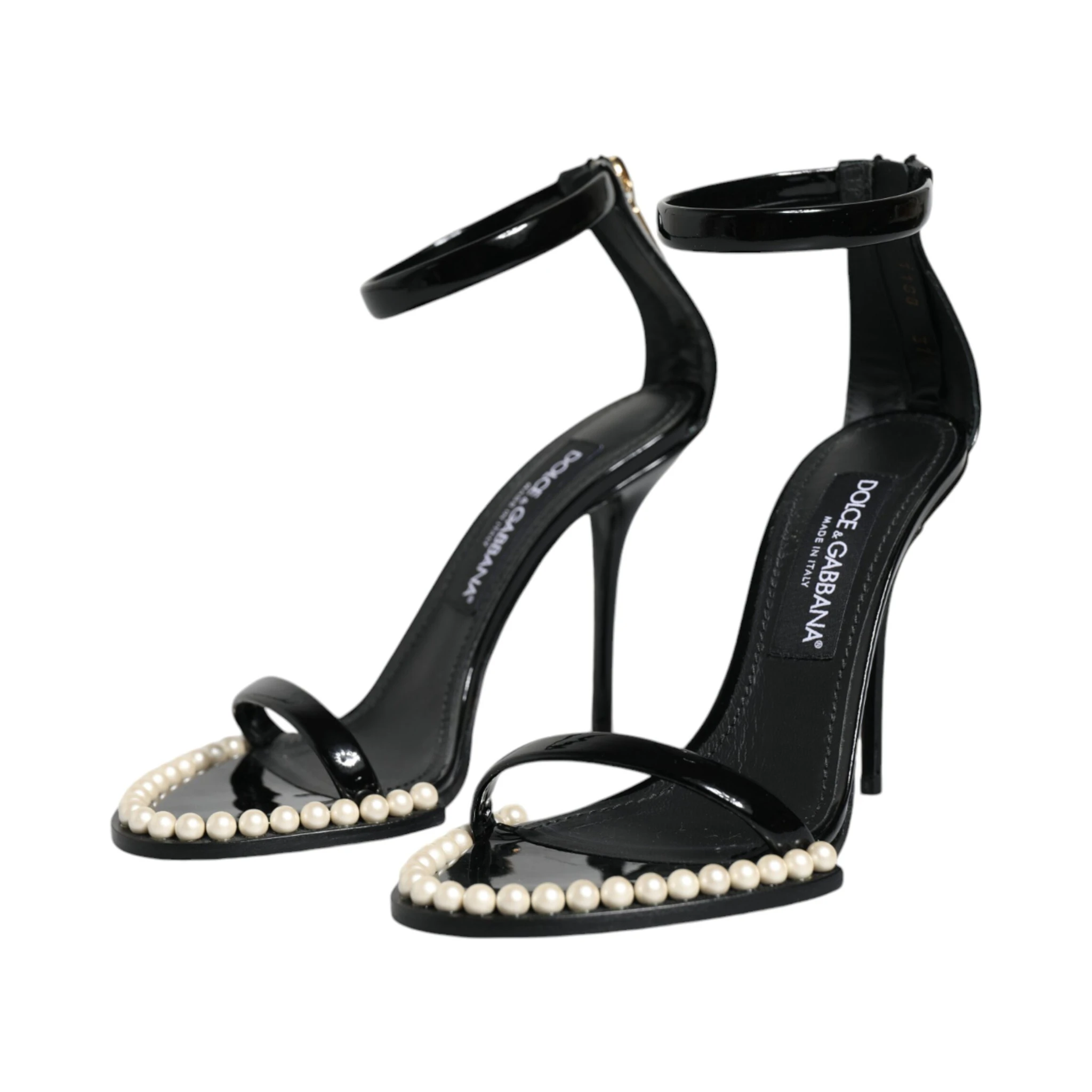 Black Keira Leather Faux Pearl Sandals Heels Shoes