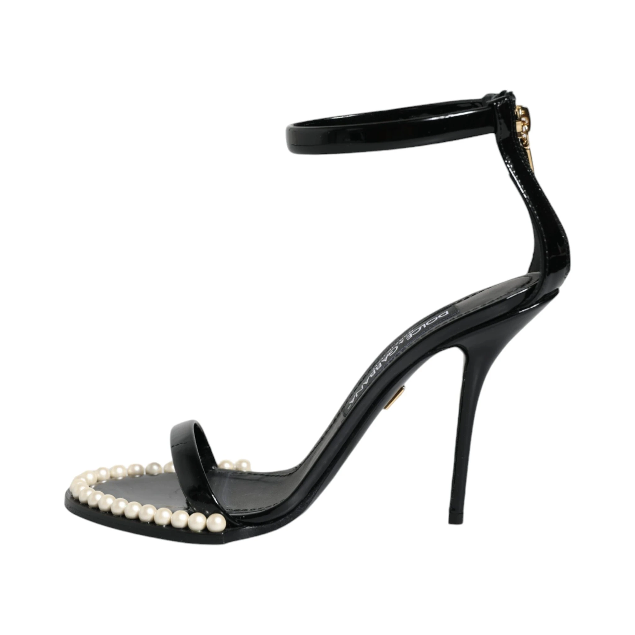 Black Keira Leather Faux Pearl Sandals Heels Shoes