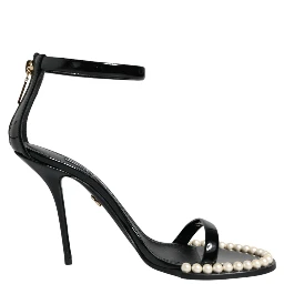 Black Keira Leather Faux Pearl Sandals Heels Shoes