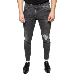 Black Tattered Cotton Skinny Men Denim Jeans