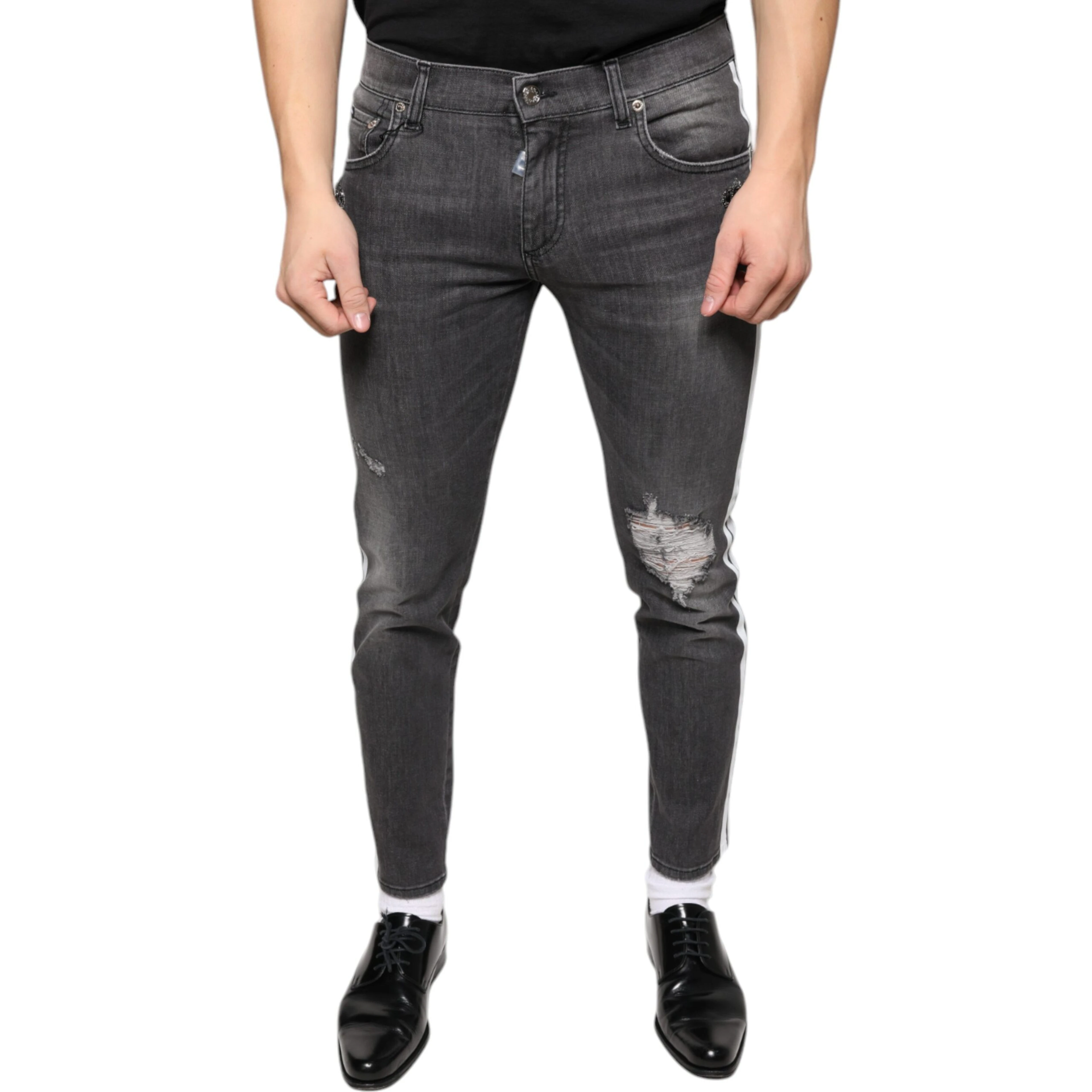 Black Tattered Cotton Skinny Men Denim Jeans