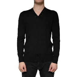 Black Embellished V-neck Pullover Sweater