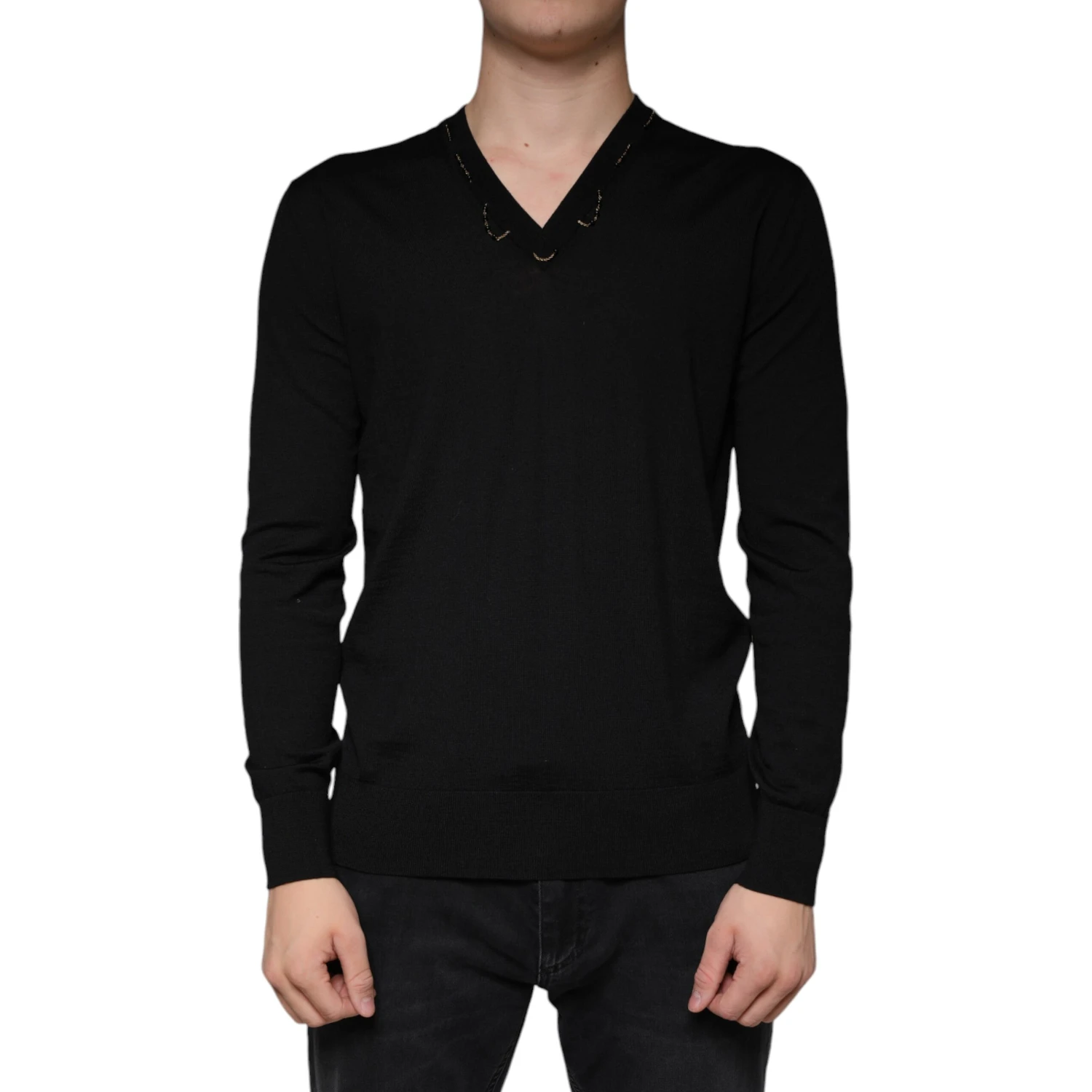 Black Embellished V-neck Pullover Sweater
