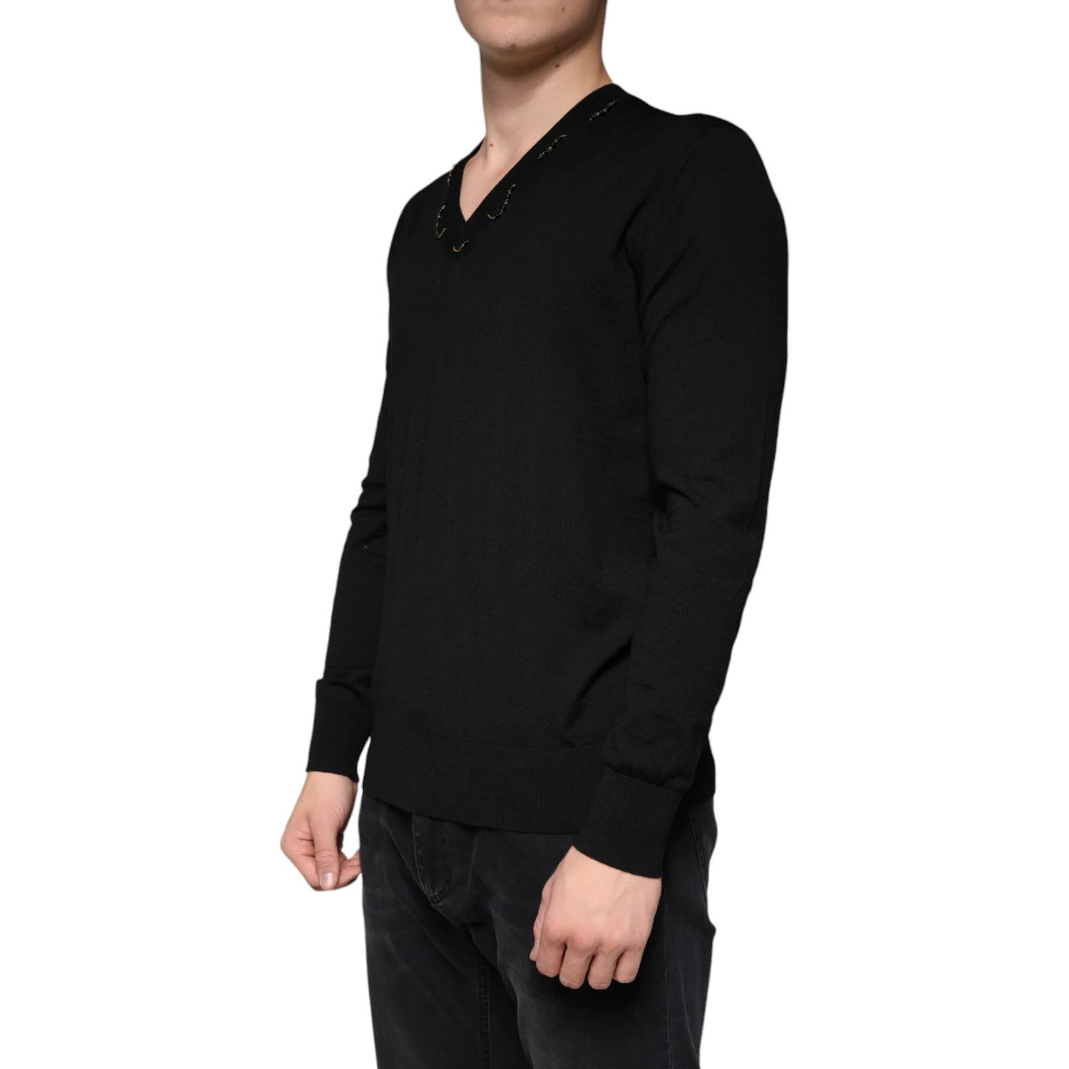 Black Embellished V-neck Pullover Sweater