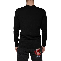Black Embellished V-neck Pullover Sweater