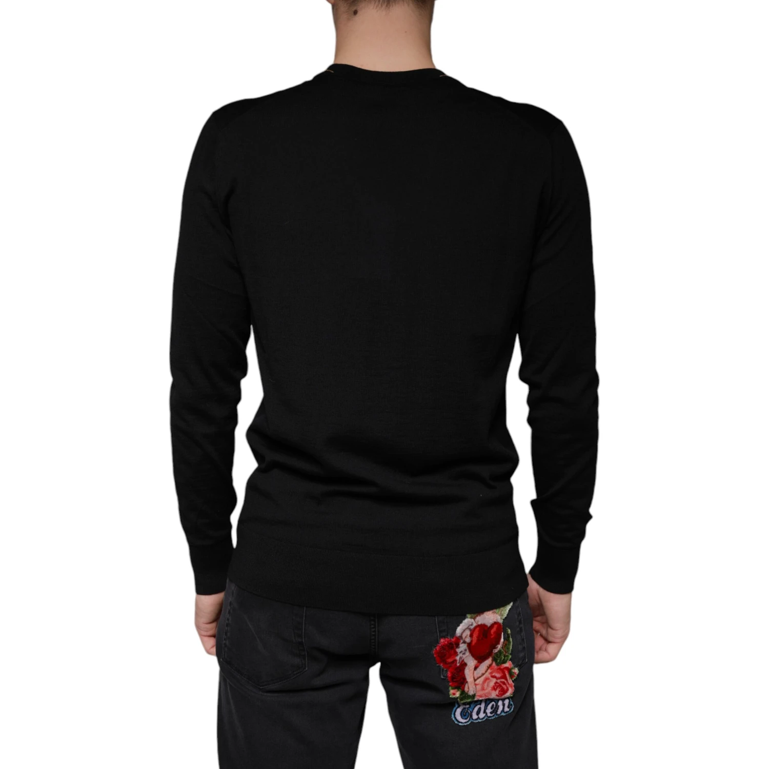 Black Embellished V-neck Pullover Sweater