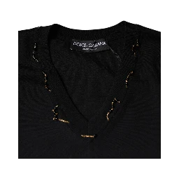 Black Embellished V-neck Pullover Sweater