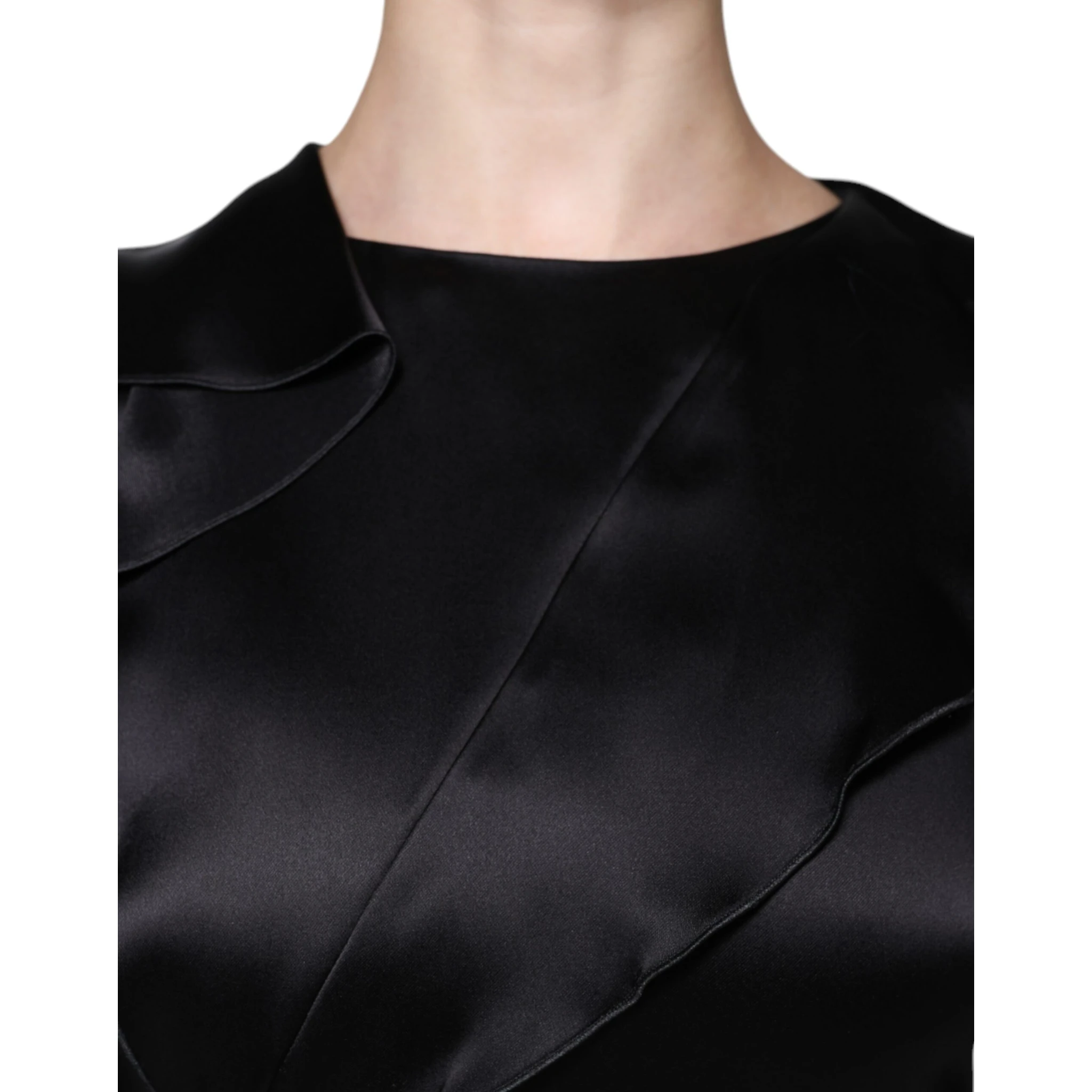 Black Satin Long Sleeves Wrap Sheath Mini Dress