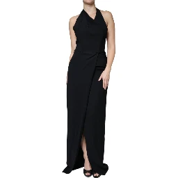 Black Sleeveless Halter Sheath Long Gown Dress