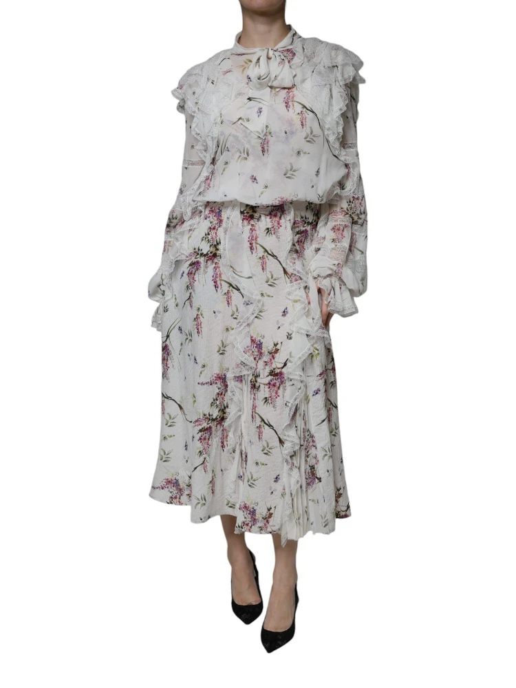 White Floral Ruffles Lace Long Sleeves Maxi Dress