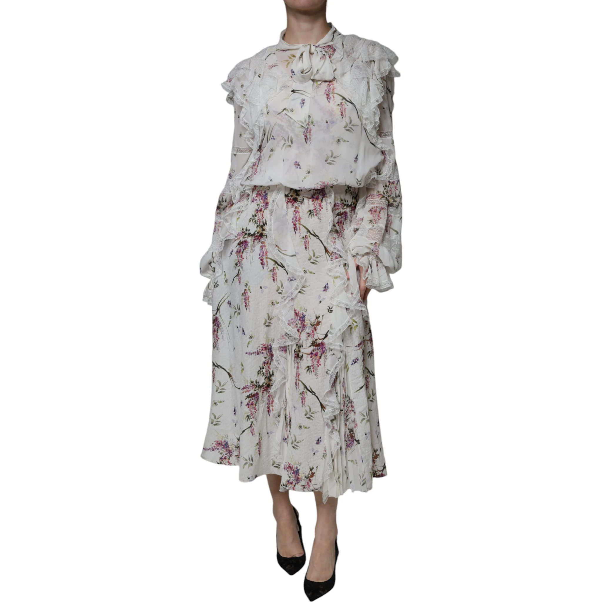 White Floral Ruffles Lace Long Sleeves Maxi Dress