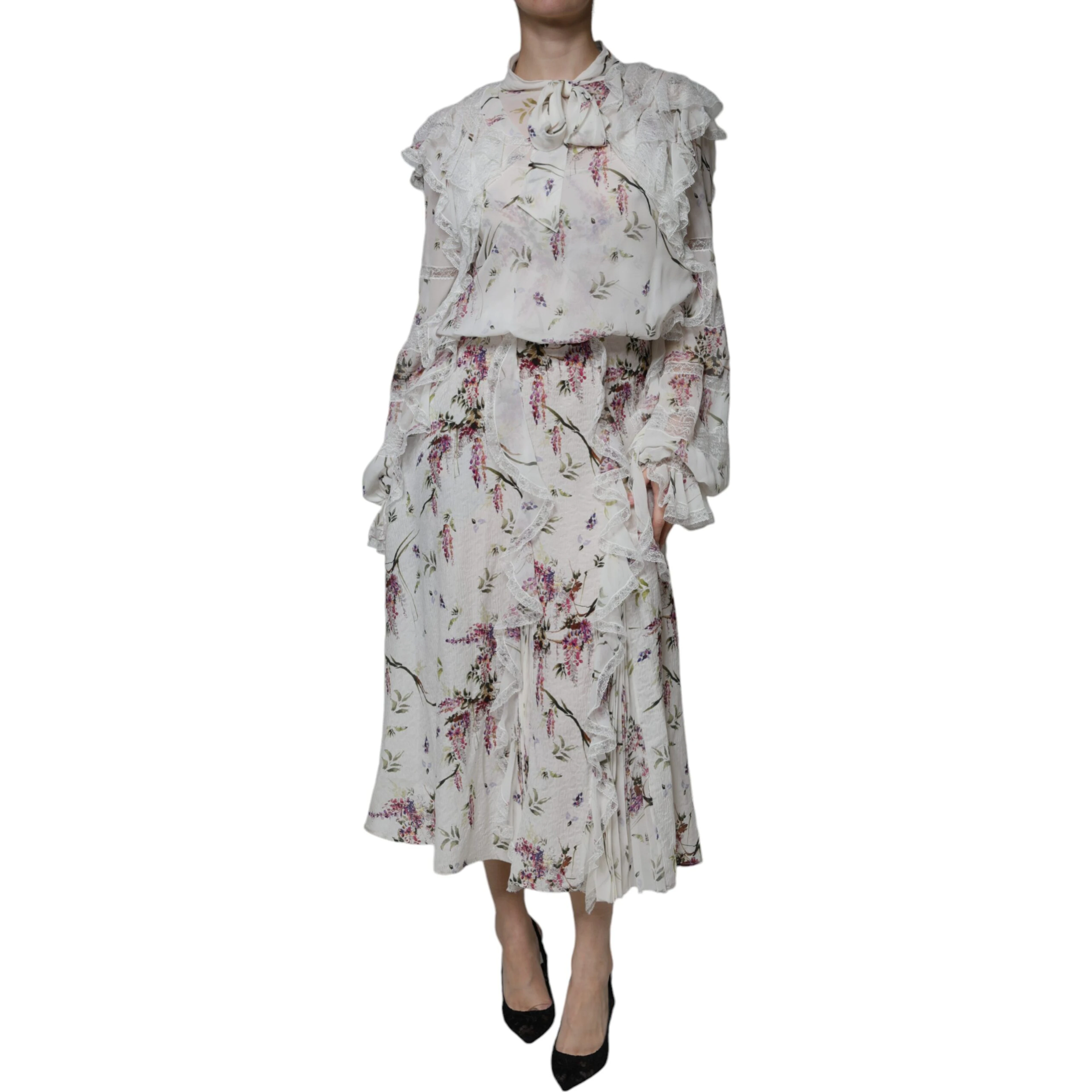 White Floral Ruffles Lace Long Sleeves Maxi Dress