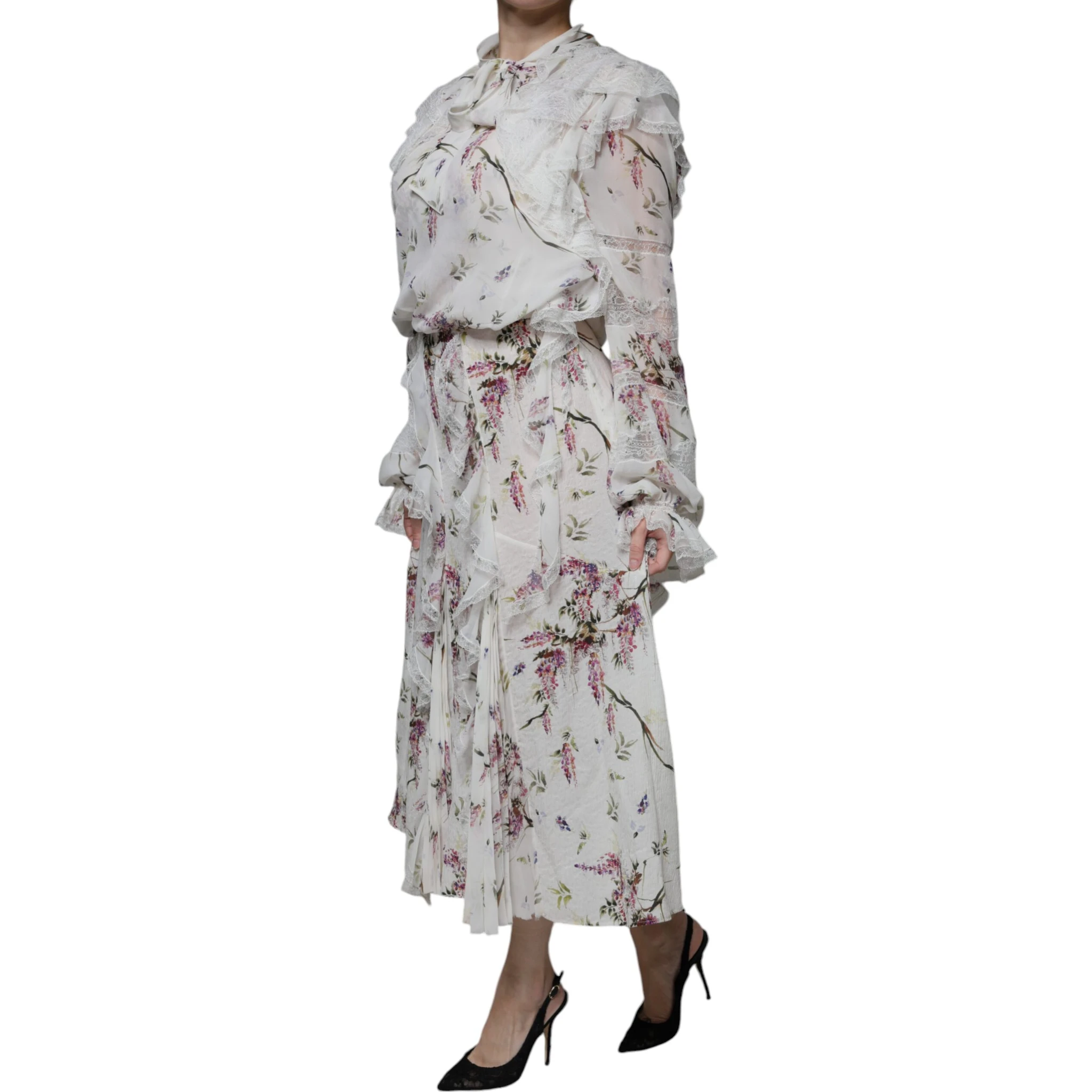 White Floral Ruffles Lace Long Sleeves Maxi Dress