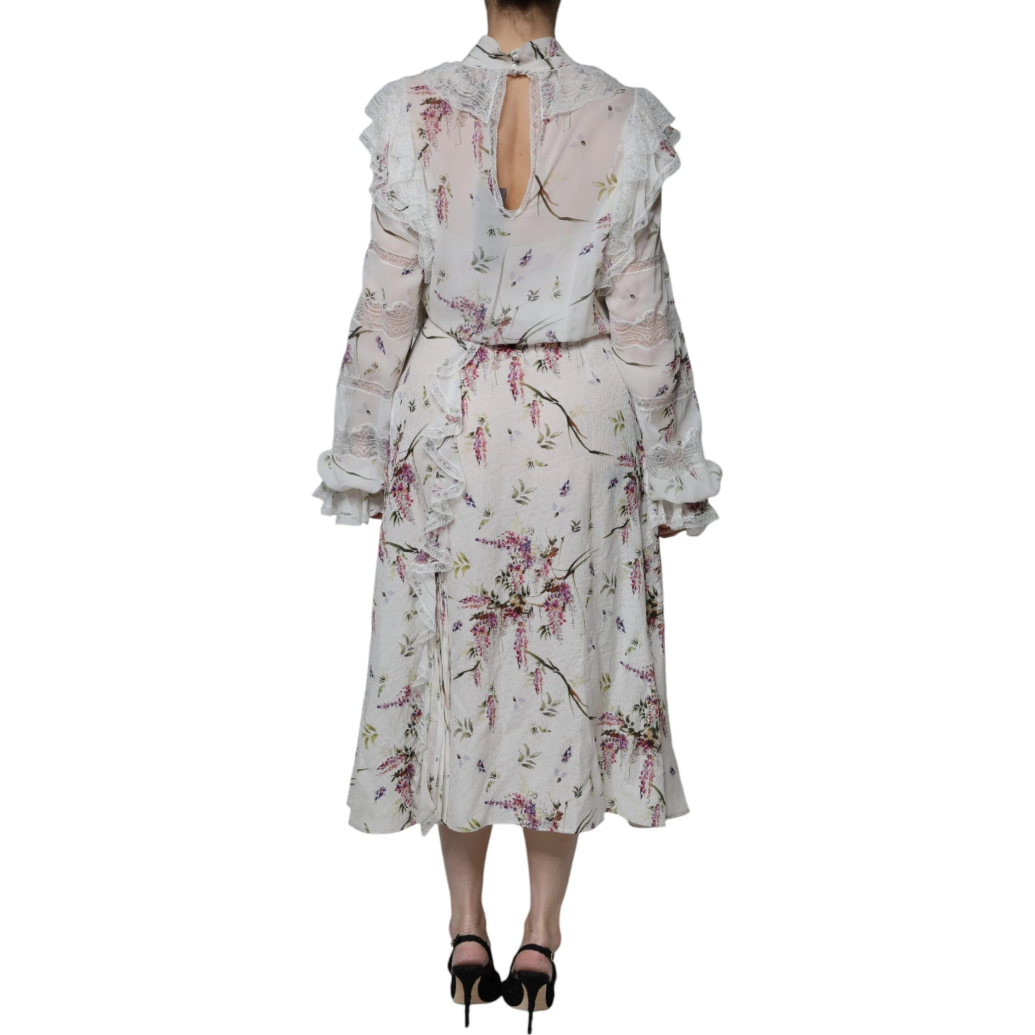 White Floral Ruffles Lace Long Sleeves Maxi Dress