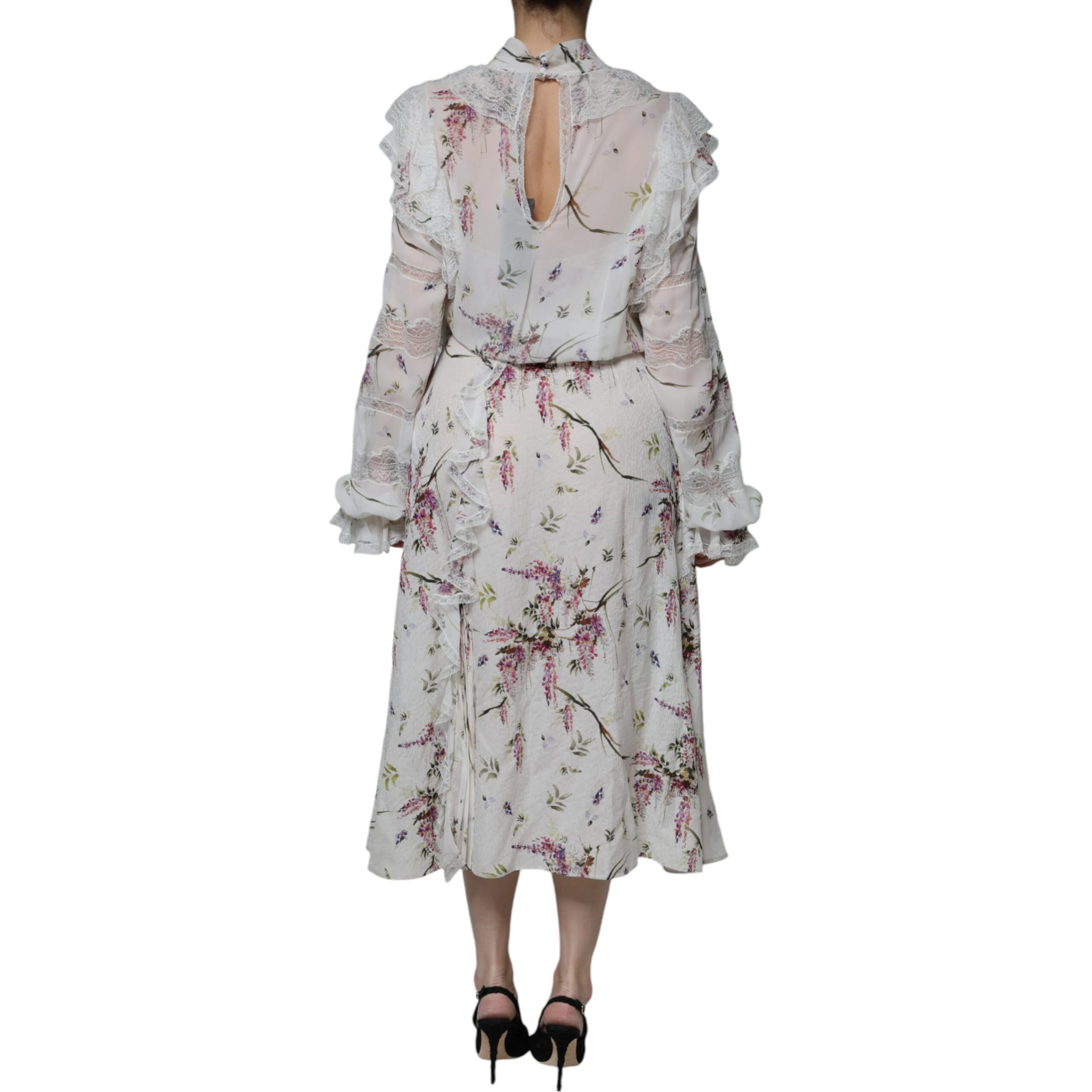 White Floral Ruffles Lace Long Sleeves Maxi Dress