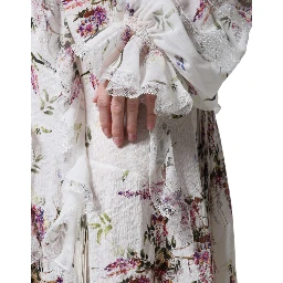 White Floral Ruffles Lace Long Sleeves Maxi Dress