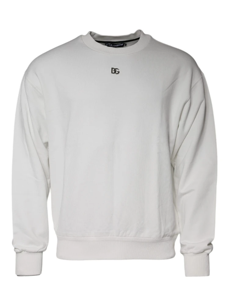 White Logo Cotton Crew Neck Pullover Sweater