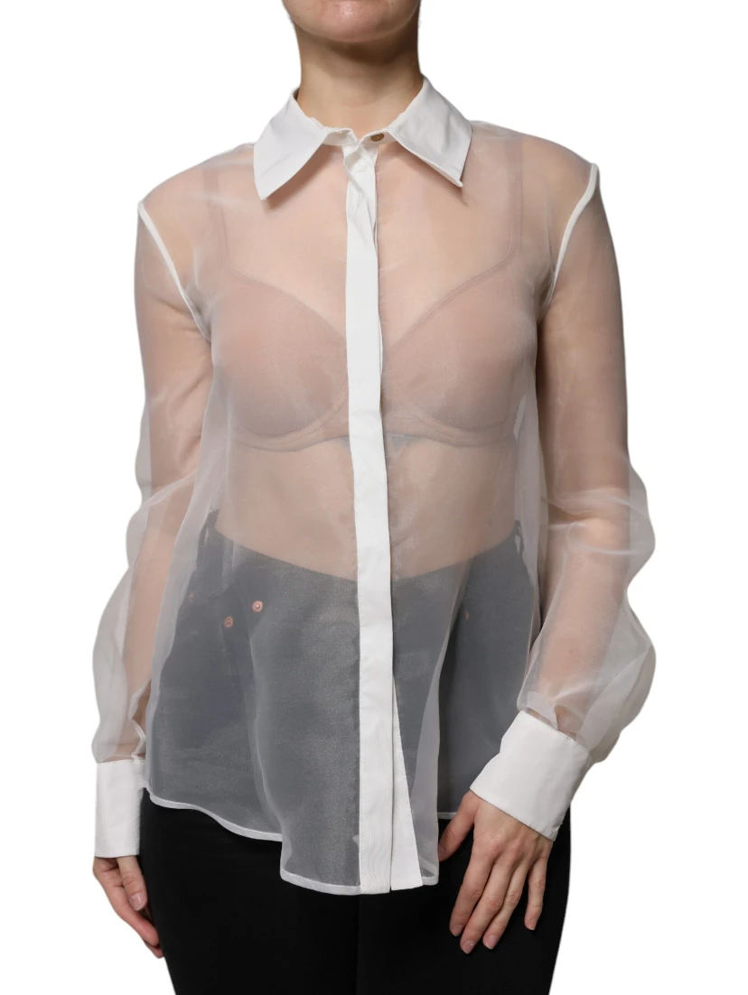 White Sheer Collared Buttoned Long Sleeves Top