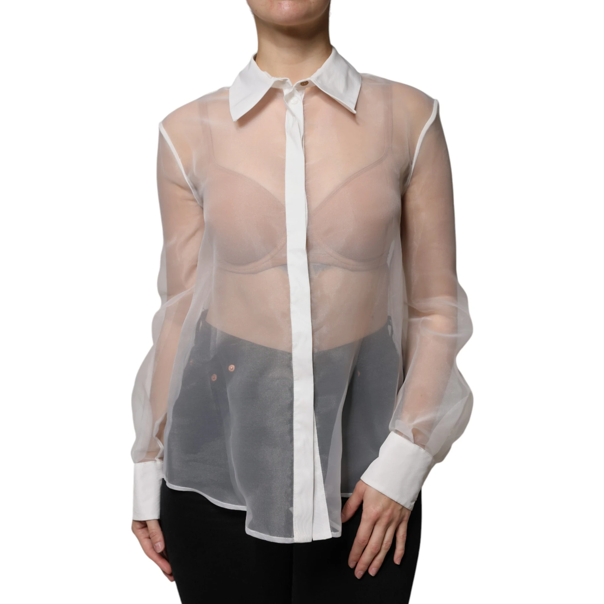 White Sheer Collared Buttoned Long Sleeves Top