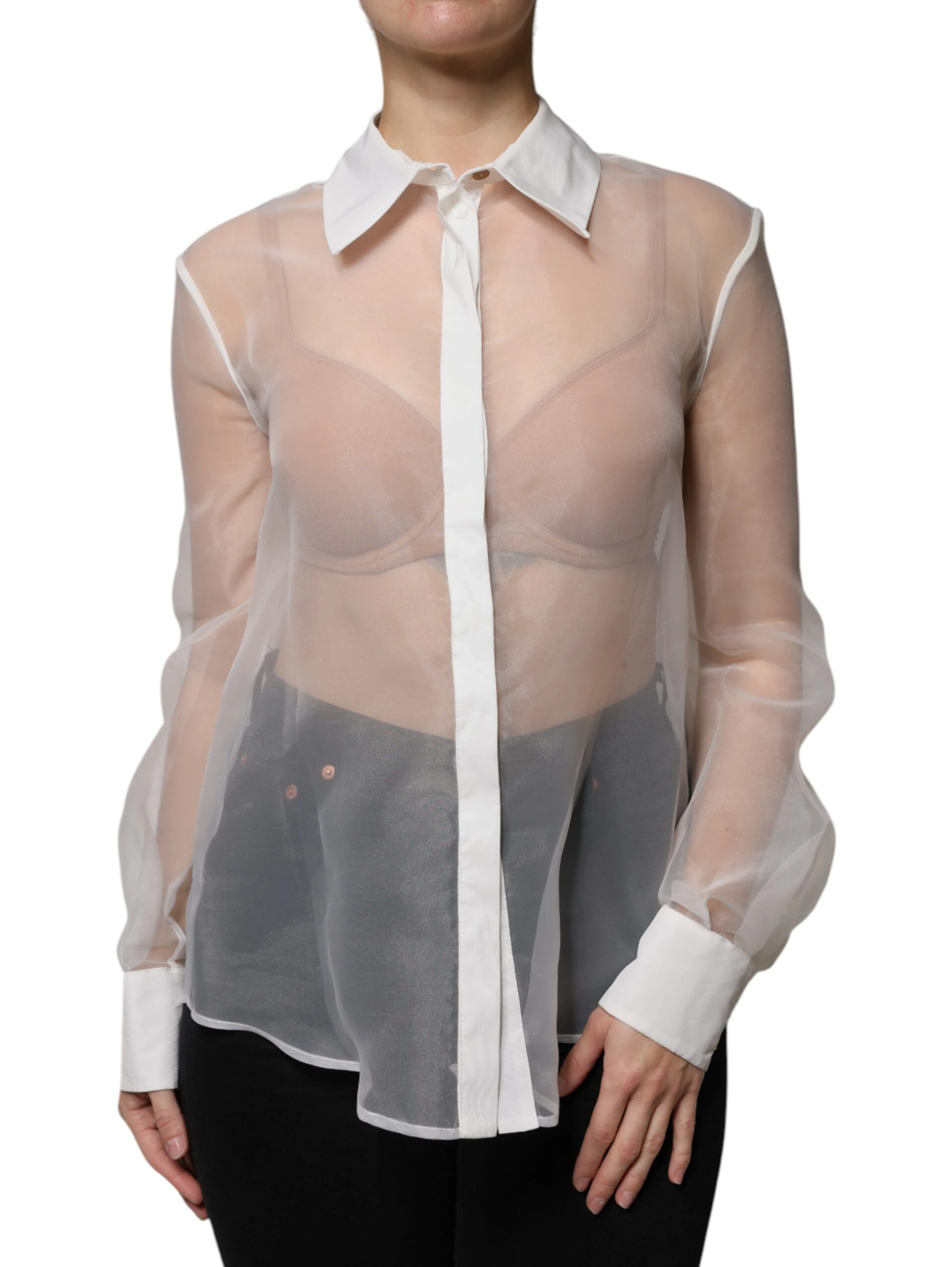 White Sheer Collared Buttoned Long Sleeves Top