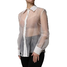 White Sheer Collared Buttoned Long Sleeves Top