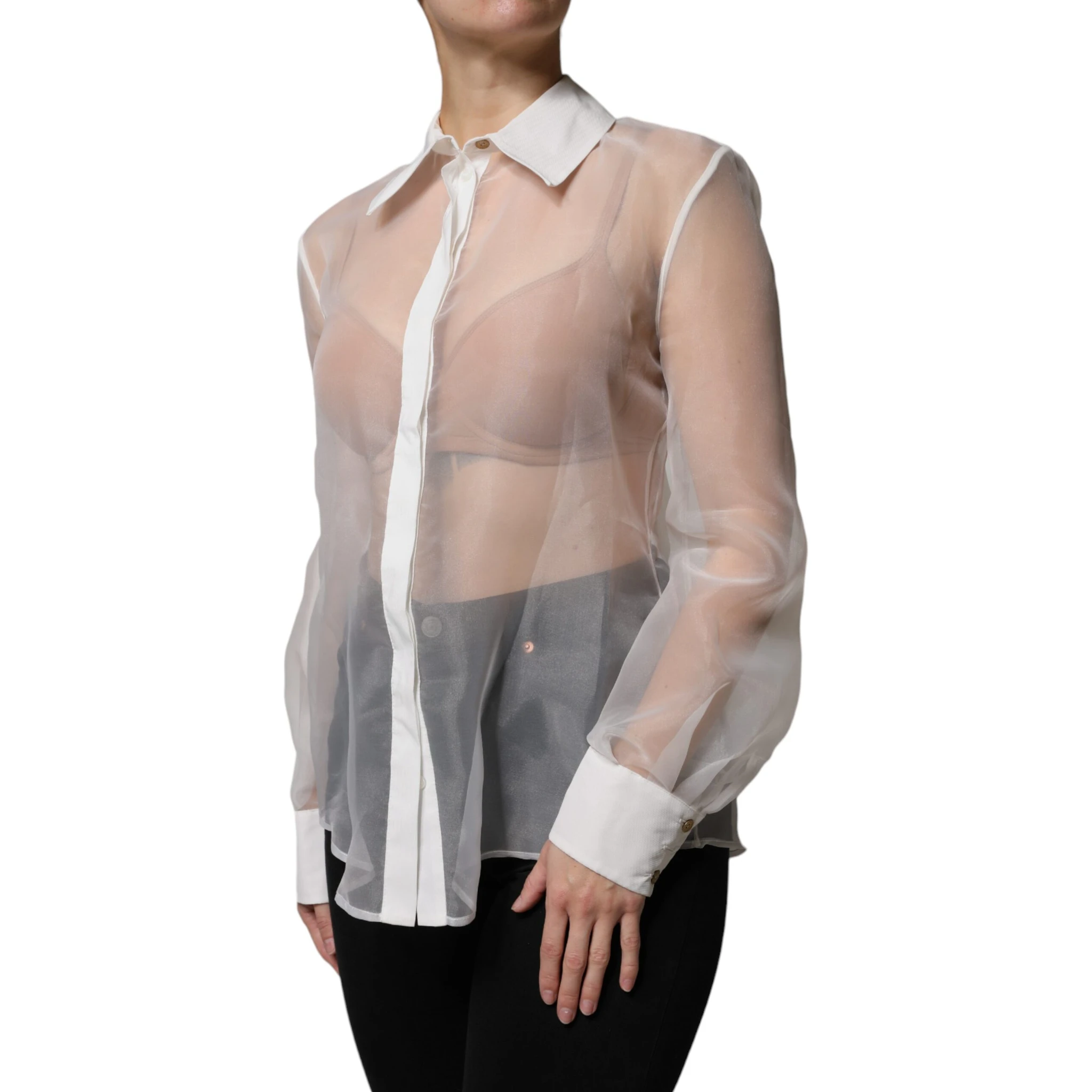 White Sheer Collared Buttoned Long Sleeves Top