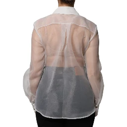 White Sheer Collared Buttoned Long Sleeves Top