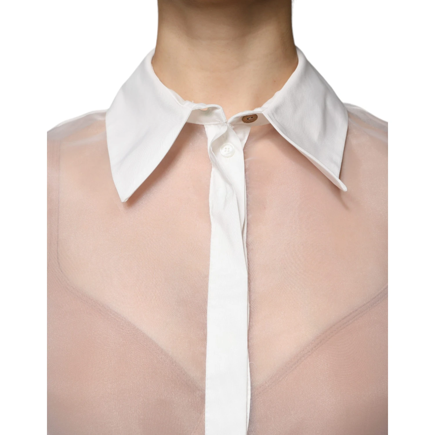 White Sheer Collared Buttoned Long Sleeves Top