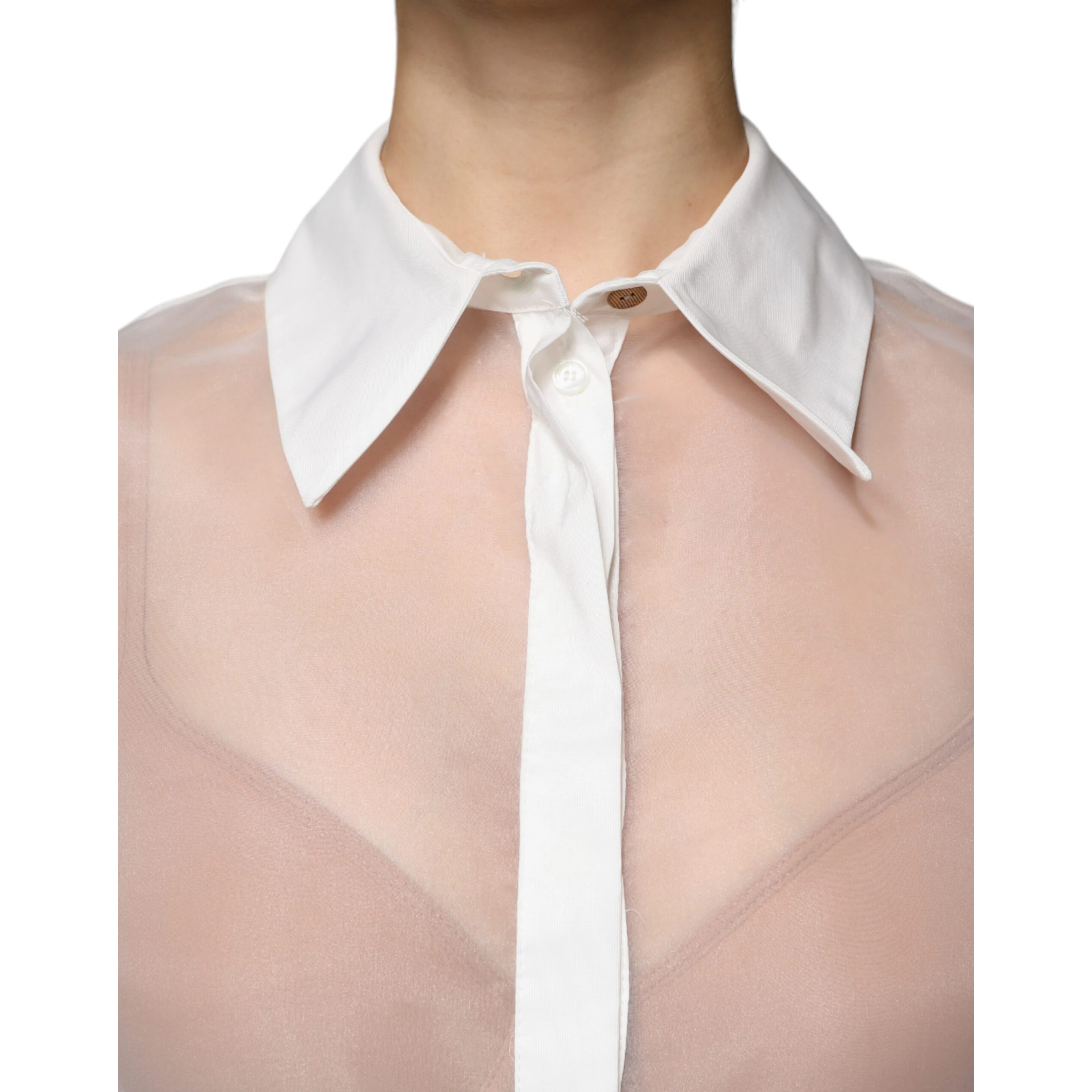 White Sheer Collared Buttoned Long Sleeves Top