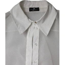 White Sheer Collared Buttoned Long Sleeves Top